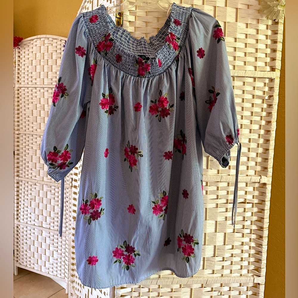 New Melissa Paige Woman Top Blue & White Embroidered with Smocked Neckline 1X